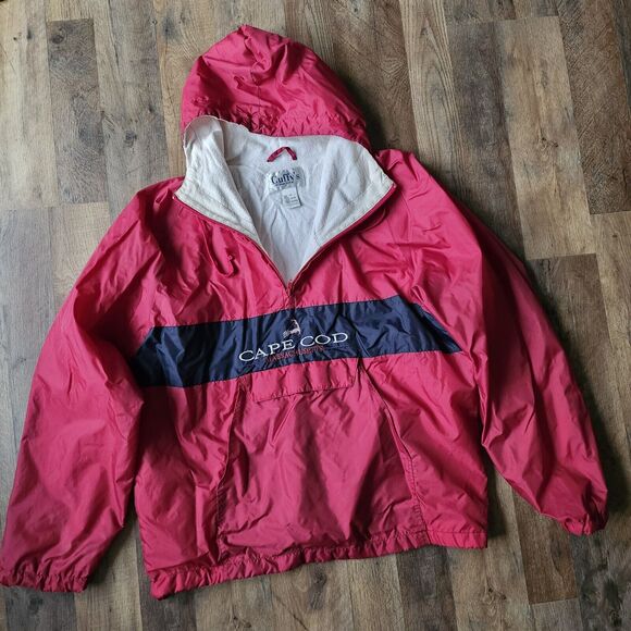 Cuffy's Cape Cod Nylon Jacket Men M Windbreaker 1/4 Zip Red Kangaroo Pocket Hood - Picture 2 of 7